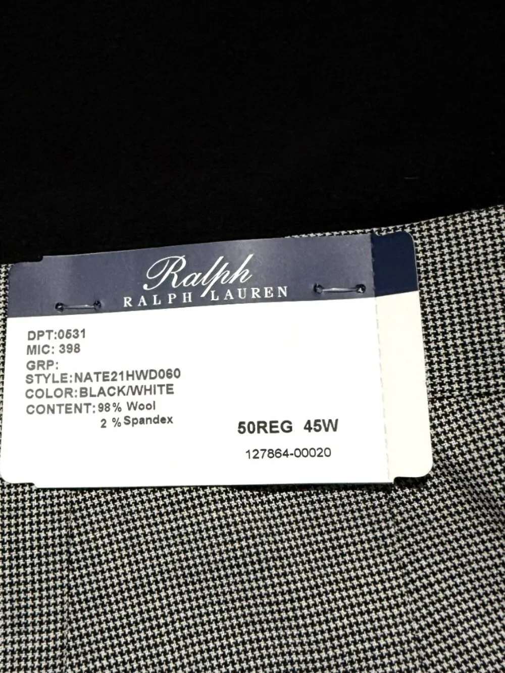 NWT Ralph by Ralph Lauren 2pc Suit 50R 45W BlK/White Houndstooth Wool Unaltered
